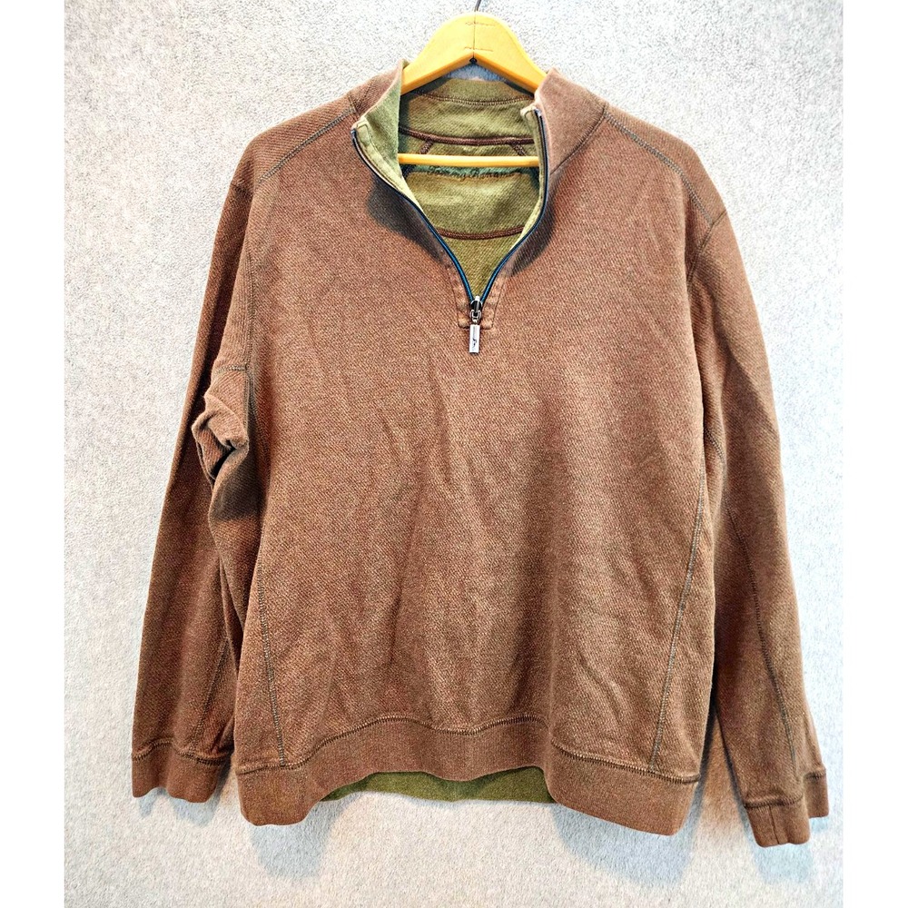 Tommy Bahama Men's L Brown Cotton Knit 1/4 Zip Pullover Sweatshirt Logo